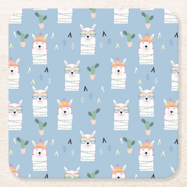 Rainbow Sunglasses Llama Pattern Square Paper Coaster (Front)