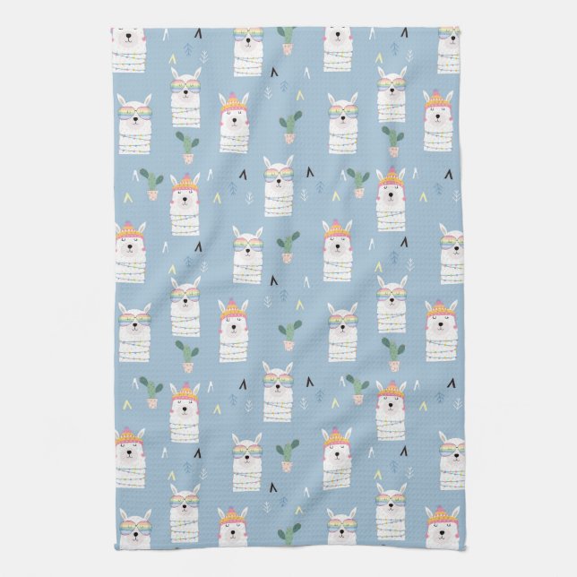 Rainbow Sunglasses Llama Pattern Tea Towel (Vertical)