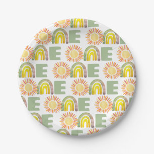 Rainbow & Suns Green 1st Birthday Watercolor Paper Plate
