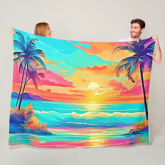Rainbow Sunset Beach Fleece Blanket (In Situ)