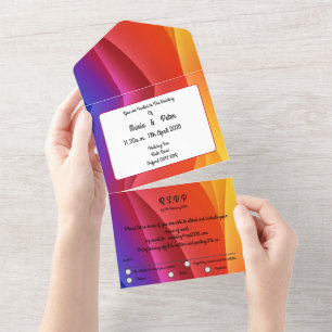 Rainbow sunset colours form the background to this all in one invitation