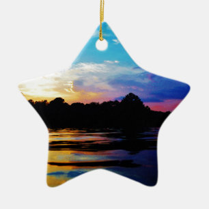 Rainbow sunset on mountain Lake Ceramic Tree Decoration