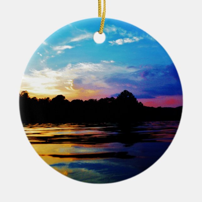 Rainbow sunset on mountain Lake Ceramic Tree Decoration (Front)