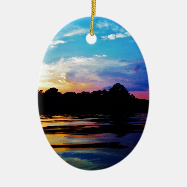 Rainbow sunset on mountain Lake Ceramic Tree Decoration (Front)