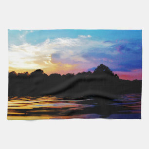 Rainbow sunset on mountain Lake Tea Towel