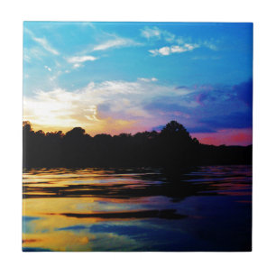 Rainbow sunset on mountain Lake Tile