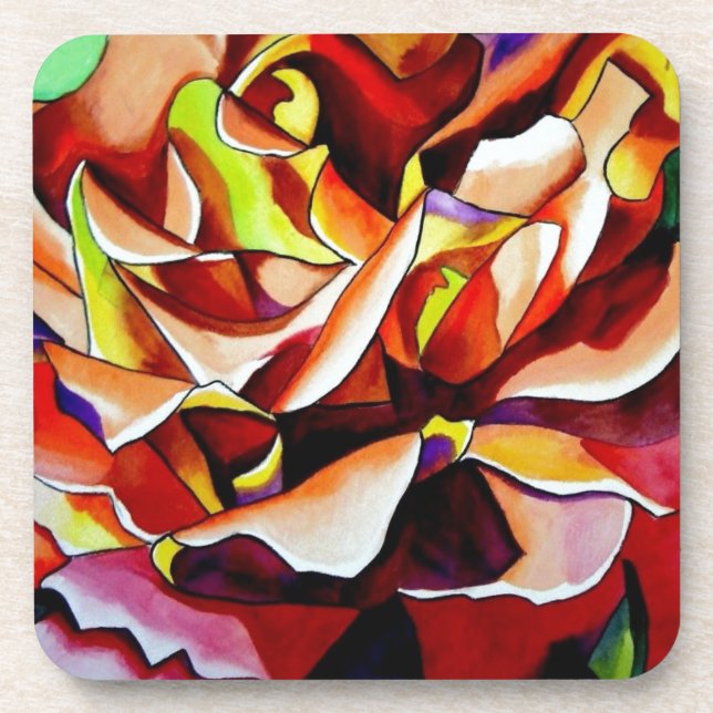 Rainbow Sunset Rose watercolor original art Coaster (Front)