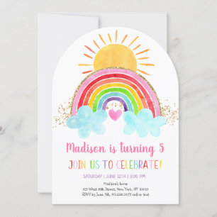 Rainbow Sunshine Pink Gold Birthday Invitation