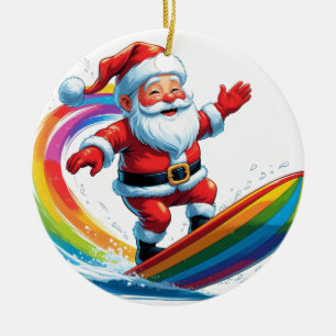 Rainbow Surfing Santa Ceramic Ornament – Colourful