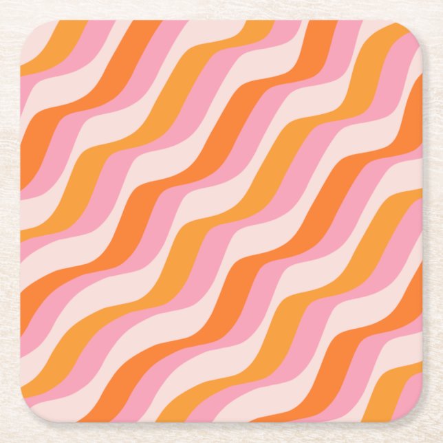 Rainbow Swirl Pink Orange Abstract Retro Sunshine Square Paper Coaster (Front)