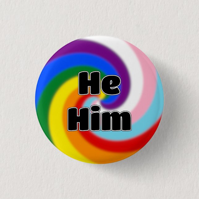 Rainbow Swirl Pronoun Pin (He/Him) (Front)