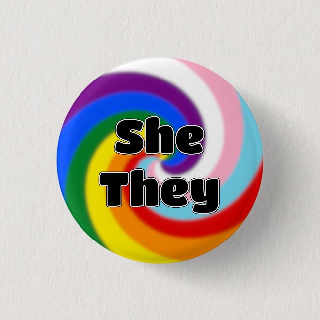Rainbow Swirl Pronoun Pin (She/They) (Front)