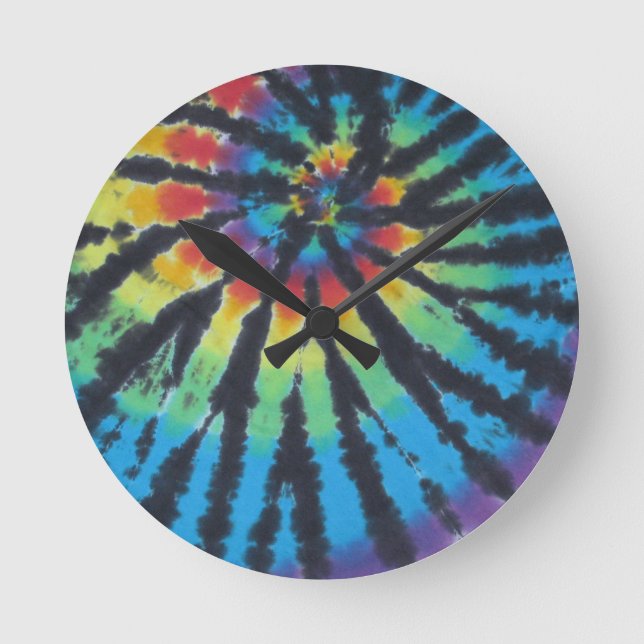 Rainbow Swirl Spiral Tie Dye PhatDyes Round Clock (Front)