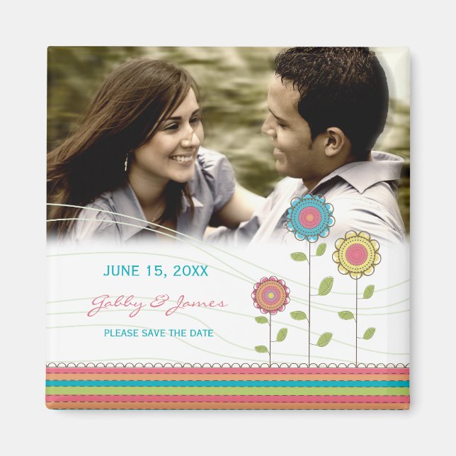 Rainbow Tall Flowers Save the Date Wedding Magnet (Front)