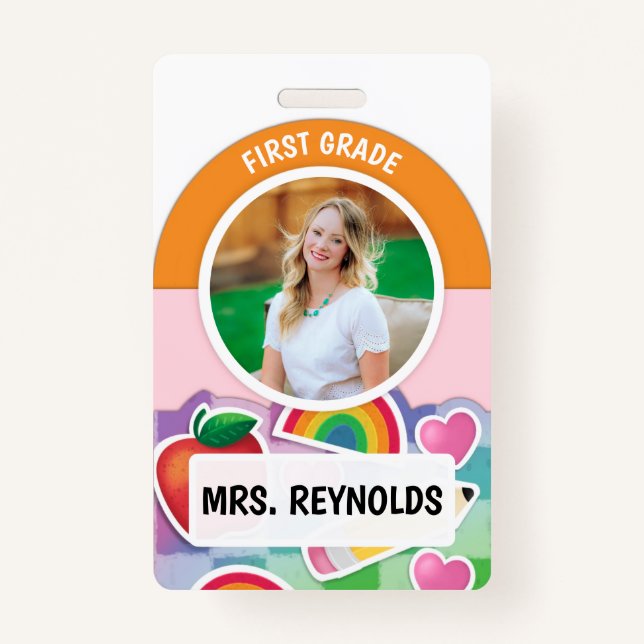 Rainbow Teacher Name Tag Photo ID Badge (Front)