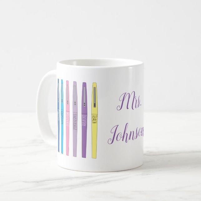 Rainbow Teacher Pens Inspirational Mug with Name (Front Left)
