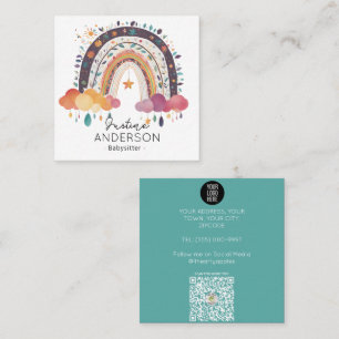 Rainbow teal funky SCANDI HEART RAINBOW BABYSITTER Square Business Card