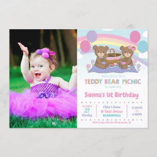 Rainbow Teddy Bear Picnic 1st Birthday Girl Photo Invitation
