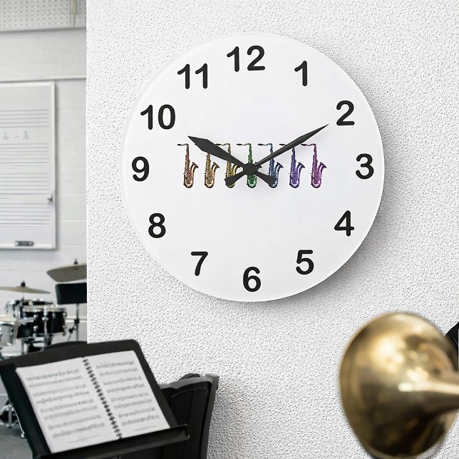 Rainbow Tenor Saxophone Colourful Musical Instrume Large Clock (A clock with a line of rainbow saxophones and black numbers.)