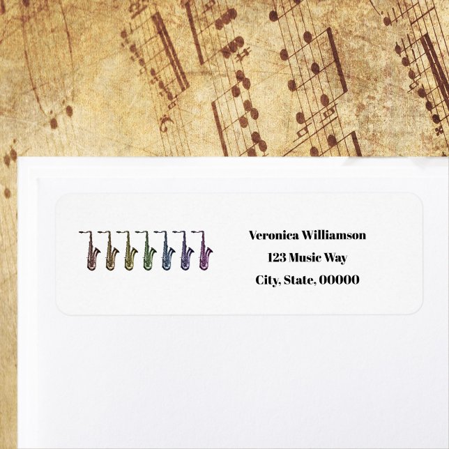 Rainbow Tenor Saxophone Personalize Return Address Label (Return address label with a rainbow of saxophones)