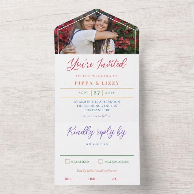 Rainbow Text You're Invited Photo LGBT Wedding All In One Invitation (Inside)