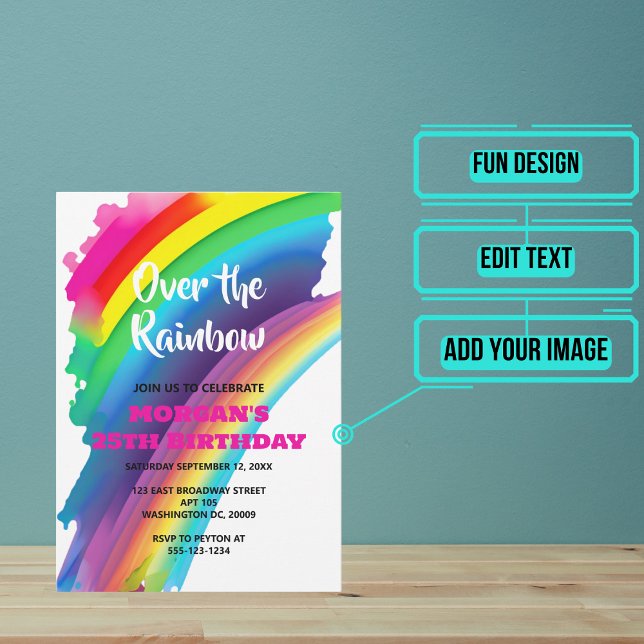 Rainbow Theme Birthday Party Invitation (Rainbow themes are very popular for both adult and kids' parties.)