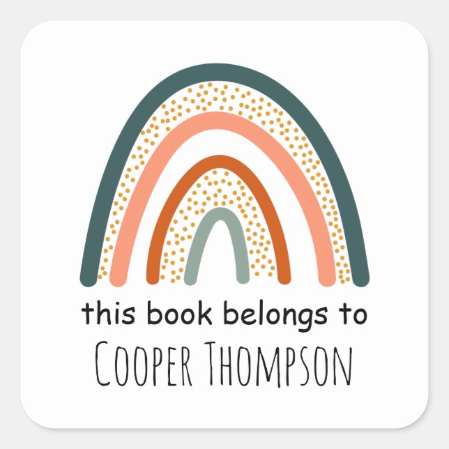 Rainbow this book belongs to kids bookplate square sticker (Front)