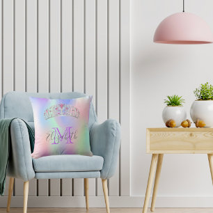 Rainbow tiara crown pink monogram holographic cushion