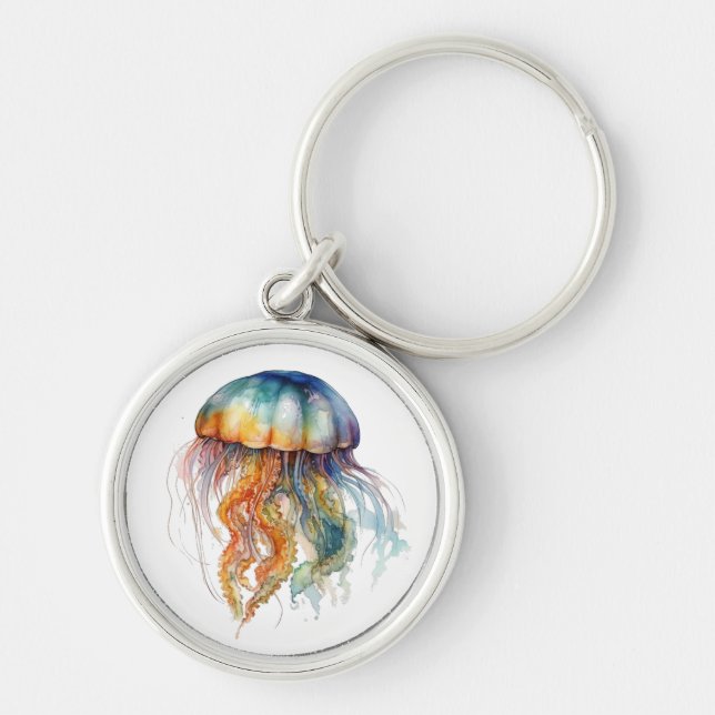 Rainbow Tides Jellyfish: Watercolor Art Key Ring (Front)