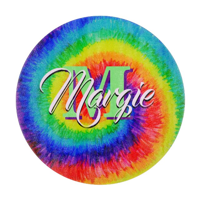 Rainbow Tie-Dye Alcohol Ink Cutting Board (Front)