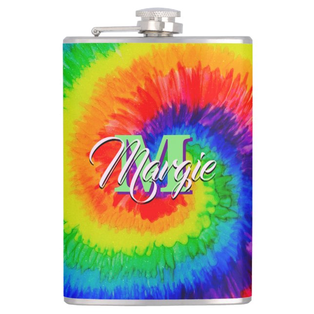 Rainbow Tie-Dye Alcohol Ink Hip Flask (Front)