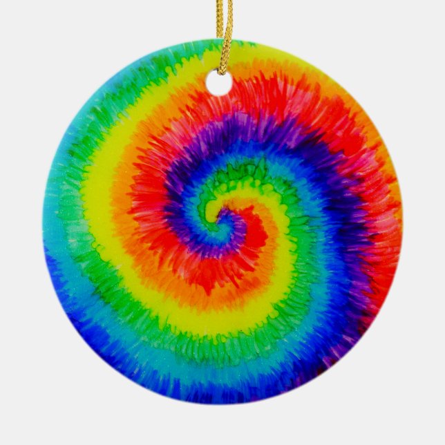 Rainbow Tie-Dye Alcohol Ink Painting Ceramic Ornament (Front)
