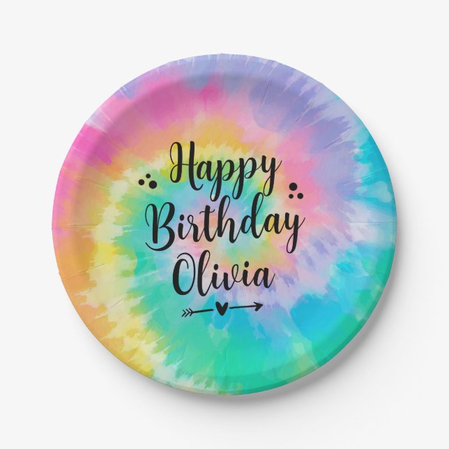 Rainbow Tie Dye Birthday Party Plates Personalised (Front)