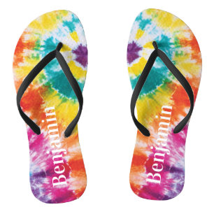 Rainbow Tie Dye Colourful Custom Name Vacation Dad Thongs