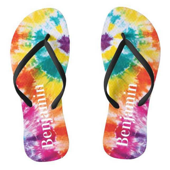 Rainbow Tie Dye Colourful Custom Name Vacation Dad Thongs (Footbed)