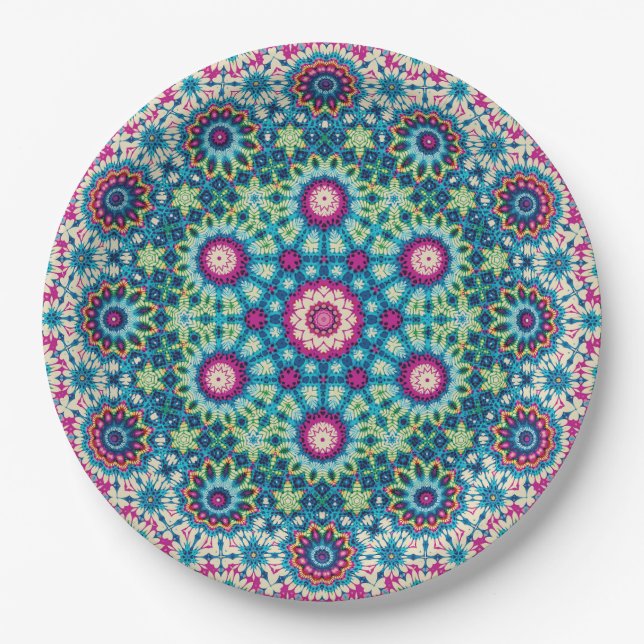Rainbow Tie-dye Geometric Mandala 5 Pattern Paper Plate (Front)