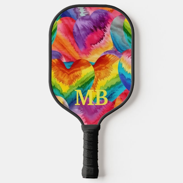 Rainbow Tie Dye Hearts Monogram Pickleball Paddle (Back)