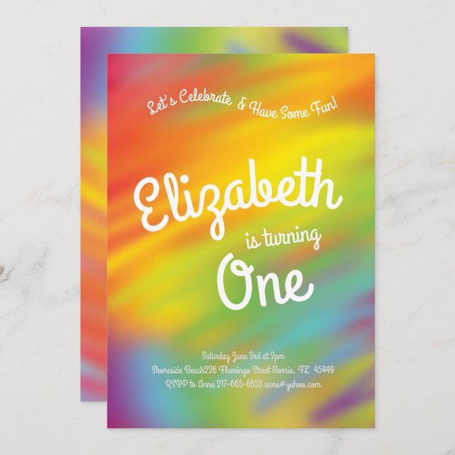 Rainbow Tie Dye Kids 1st Birthday Party Invitation (Front/Back)