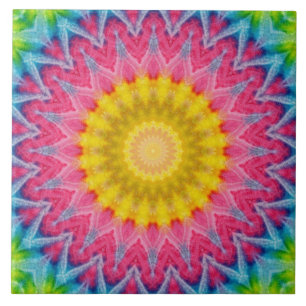 Rainbow Tie-Dye Mandala with Vibrant Symmetry Ceramic Tile