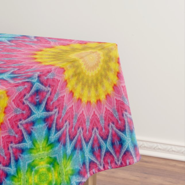 Rainbow Tie-Dye Mandala with Vibrant Symmetry Tablecloth (In Situ)