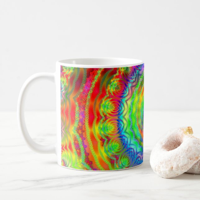 Rainbow Tiedye Fractal Mandala Coffee Mug (With Donut)