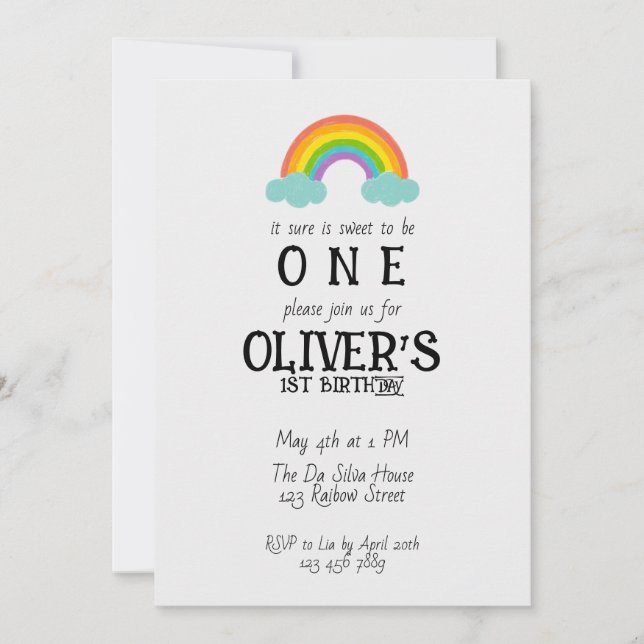 Rainbow To Be One First Birthday Invitation (Front)