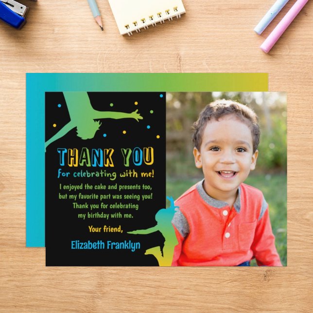 Rainbow Trampoline Birthday Photo Thank You Card (Creator Uploaded)