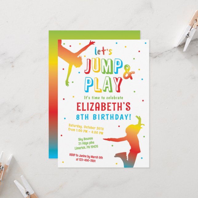 Rainbow Trampoline Park Kids Birthday Party Invita Invitation (Front/Back In Situ)