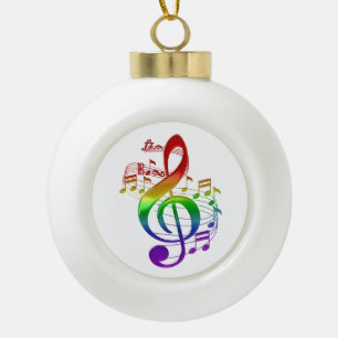 Rainbow Treble Clef and Music Notes Ceramic Ball Christmas Ornament