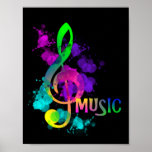 Rainbow Treble Clef Music Themed Poster<br><div class="desc">A fun and colourful design with a treble clef music note in in bright rainbow colours done in an artistic paint splatter style,  very cool and trendy and just pops on the black background.</div>