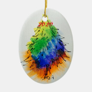 Rainbow tree and stripes ceramic ornament