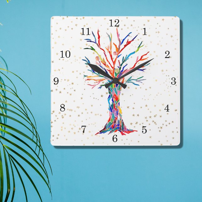 Rainbow Tree Gold Stars Square Wall Clock (Creator Uploaded)