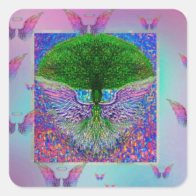 Rainbow Tree of Life with Angel Wings Square Sticker (Front)