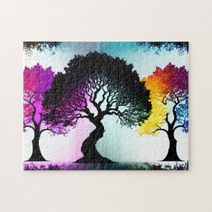 Rainbow Tree Silhouette Enchanted Forest Jigsaw Puzzle